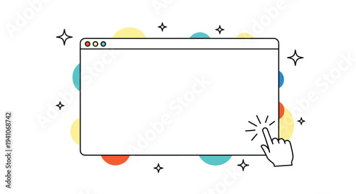 Minimalist blank browser window design featuring a clicking hand cursor and whimsical colorful abstract background graphic elements.