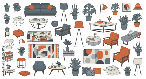 modern living room furniture collection featuring stylish sofas tables lamps and plants for contemporary home decor.