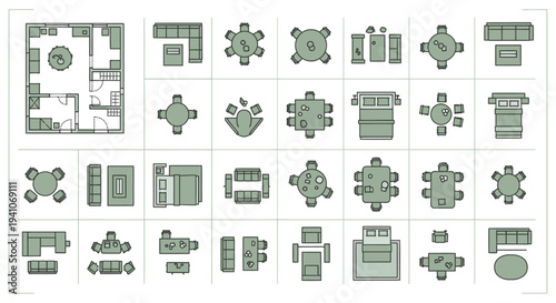 top-down plan view vector icons for interior design furniture and room elements perfect for architectural drawing and home layout planning