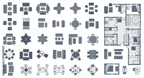 top-down view of architectural floor plans and furniture layouts illustrating modern residential interior design and home decor.