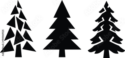 Minimalist black pine tree silhouettes set with geometric abstract spruce and cedar wood elements isolated on white background