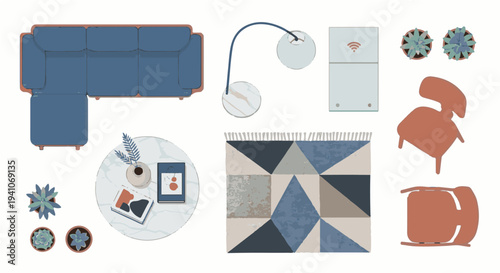 top-down view of a modern living room layout featuring a sectional sofa coffee table and stylish furniture for home decor planning.