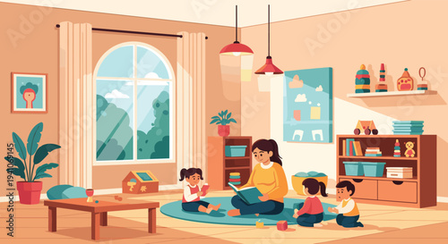 Bright colorful kindergarten classroom scene showing female teacher reading storybook to three small children sitting on blue round rug.