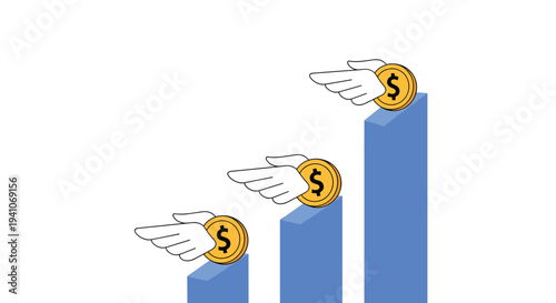 Financial growth concept illustration featuring three rising blue bars with golden dollar coins having wings flying upwards on white background.