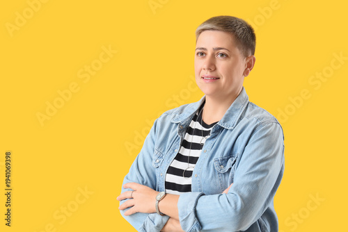 Young woman with short hair...