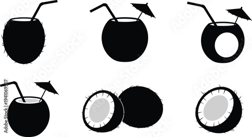 Coconut silhouette illustration, tropical fruit artwork, cocktail umbrella design, refreshing drink container, halved coconut drawing, exotic summer beverage artistic depiction