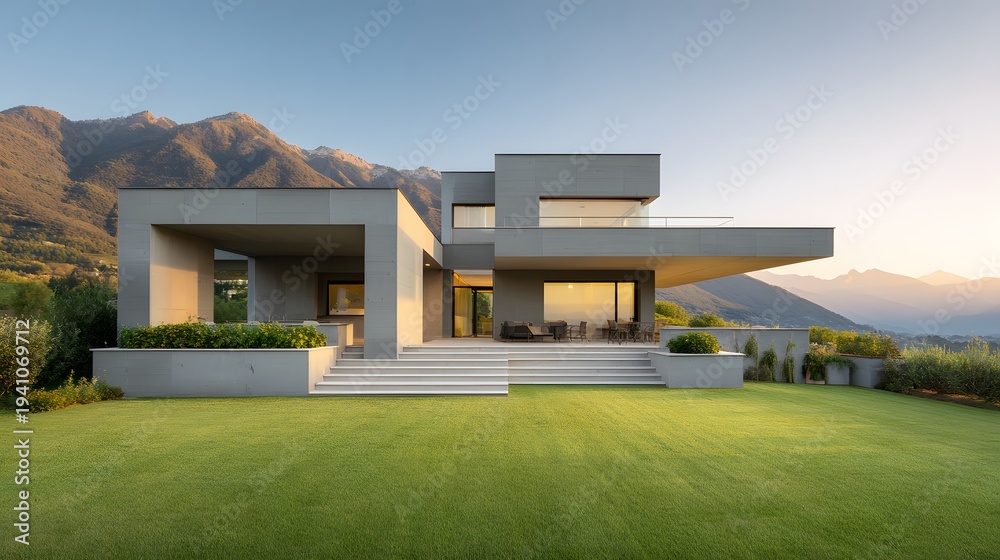Fototapeta premium Modern Luxury Villa with Mountain Views at Sunset.