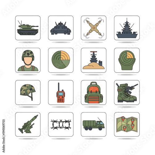 A collection of flat design military and defense icons featuring tanks, soldiers, radar, vehicles, and weapons.