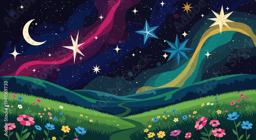 Whimsical Night Sky with Stars and Flowers in Field