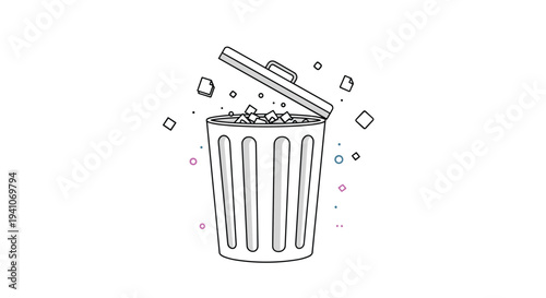 Line art illustration of open metal trash can with several pieces of paper and debris flying out of it against clean white background.