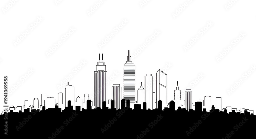Fototapeta premium Monochrome City Skyline Vector Art with Urban Buildings and White Background