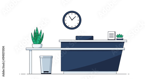 Clean modern office reception area featuring dark blue desk, wall clock, indoor plants, trash can, and document on stand.