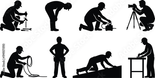Black silhouette collection of professional construction workers,engineers,photographers, and laborers performing various industrial tasks, repairs, building maintenance, and site inspections on white