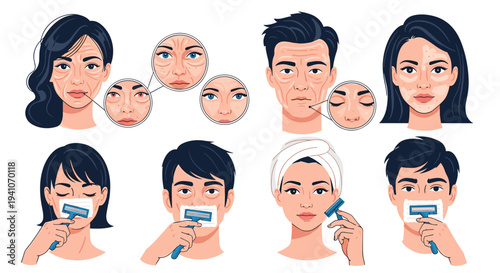 Collection of facial illustrations showing common skin problems like wrinkles and spots along with people using razors for grooming.