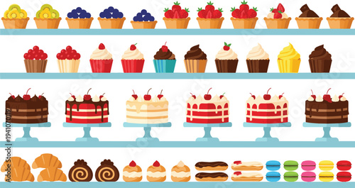 Large collection of delicious bakery items including cakes cupcakes tarts croissants and colorful macarons on shelves for pastry shop concept vector illustration.