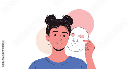 Cheerful young woman with hair in buns wearing blue shirt and holding white facial sheet mask next to her face for skin care routine.