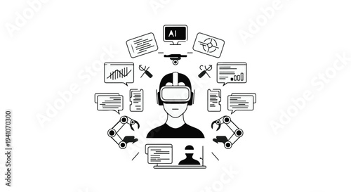 Person wearing VR headset surrounded by technology and data visualizations, representing innovation and future possibilities.