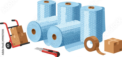 Large blue bubble wrap rolls with cardboard boxes on hand truck and packing tape with utility knife for shipping concept vector illustration.
