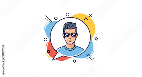 Icon of cool young man with gray hair and sunglasses enclosed within round white speech bubble on colorful abstract background.