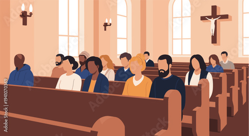 Diverse group of people sitting quietly in wooden pews inside cathedral with high windows and large crucifix on wall for worship.