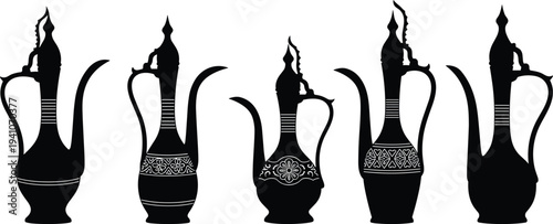 Arabic coffee pot silhouette, traditional dallah design, Middle Eastern culture artwork, ornate spout illustration, cultural heritage symbol, decorative coffee vessel art