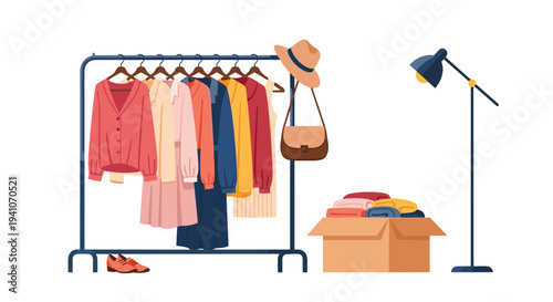 Organized indoor scene showing metal rack filled with various colorful dresses along with box of clothes, shoes, and lamp.