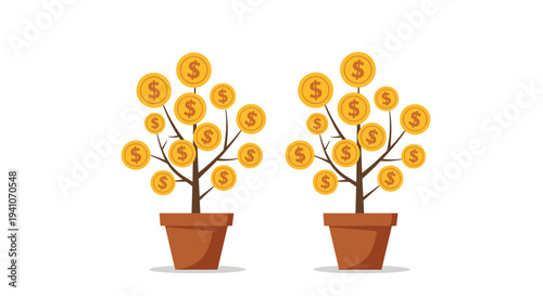 Simple illustration of two potted plants where leaves are represented by golden dollar coins, symbolizing financial growth and wealth.