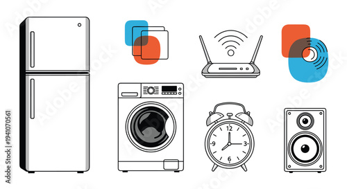 Set of line art icons for common household items including refrigerator, washing machine, router, alarm clock, and speaker.