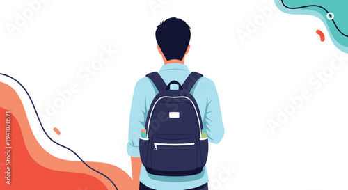 View from back of young man with dark hair wearing light blue shirt and navy blue school backpack against white background.