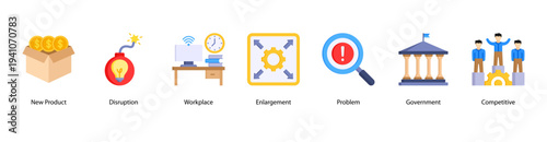 Business Development web banner vector illustration featuring New Product, Disruption, Workplace, Enlargement, Problem, Government, and Competitive.