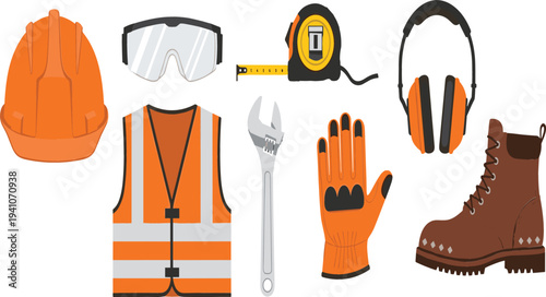 Collection of personal protective equipment including hard hat safety vest goggles gloves boots and tools isolated on white background vector illustration.