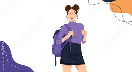 Trendy young woman with hair in buns wearing purple turtleneck, dark skirt, and purple backpack against artistic background.