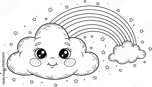 Colour book illustration of a smiling cloud with rainbow and stars