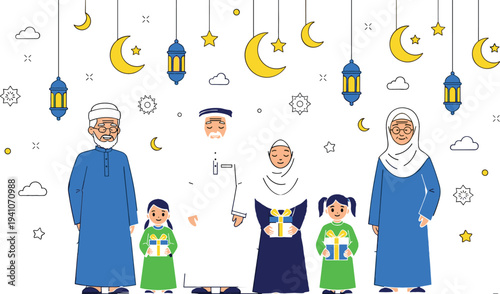 Happy Muslim family with grandparents parents and children celebrating Eid or Ramadan with gifts under crescent moon and lanterns vector illustration.