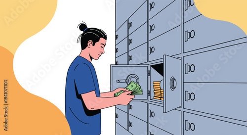 Man with bun hairstyle depositing a large stack of banknotes into a private safety deposit box at a secure banking facility.