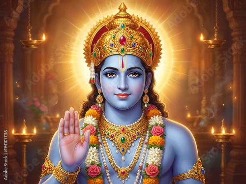 Lord rama with floral garlands and blessing hand for rama puja during ram navami and the festive season of the great victory day of dussehra