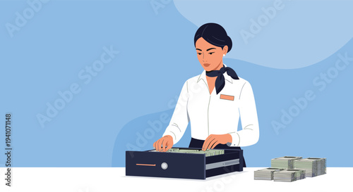 Professional bank employee in uniform organizing stacks of cash inside an open cash register drawer in a modern office.