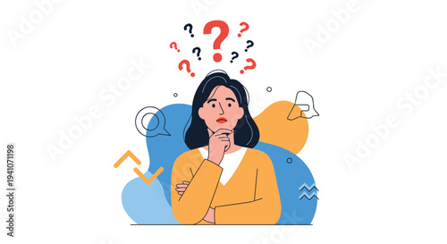 Pensive woman with hand on chin surrounded by colorful abstract circles and floating question marks expressing uncertainty.