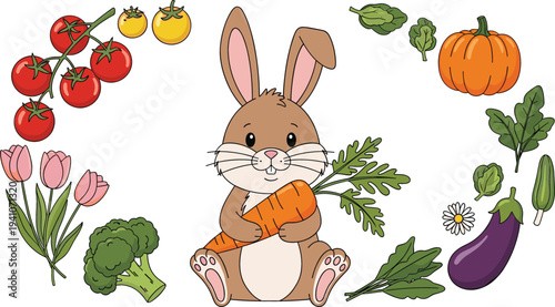 Cute brown rabbit character sitting and holding a fresh carrot surrounded by various vegetables and flowers isolated on white background vector illustration.