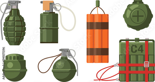 Collection of military explosives including hand grenades dynamite sticks and C4 plastic explosive pack with detonator isolated on white background vector illustration.