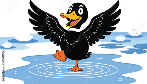 Cute black duck character happily splashing and dancing in a blue pond with water lilies and ripples isolated on white background vector illustration.