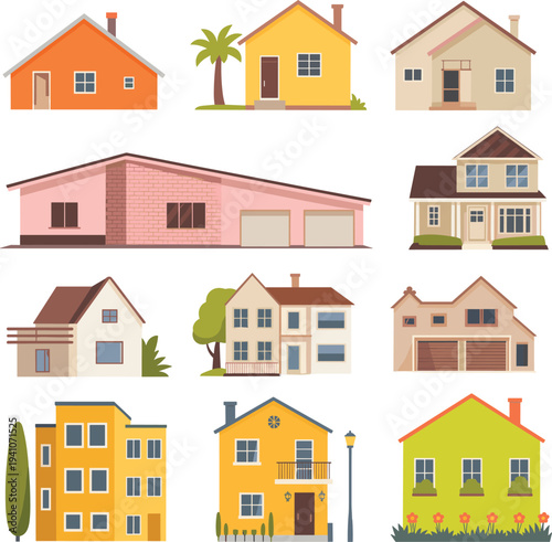 Flat minimalist houses collection, suburban residential home exterior vector illustration set isolated on white background architecture design