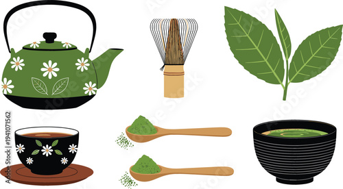 Traditional Japanese matcha green tea set with ceramic teapot whisk bamboo spoon powder and bowl isolated on white background vector illustration.