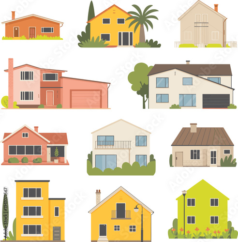 Flat minimalist suburban houses collection, modern residential home exterior vector illustration set isolated on white background