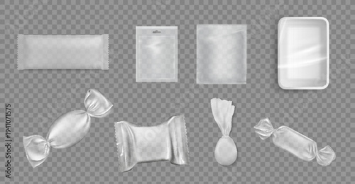 Plastic Packages Transparent Wrap Set Vector. Empty Food Product Polyethylene Package Mock Up Template. Realistic Nylon Pack Packaging Branding Design Illustration