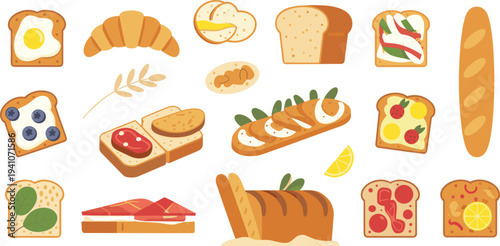 Flat vector bakery breakfast collection, toast with egg fruit meat croissant baguette bread isolated illustration on white background