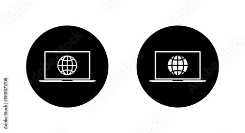 Laptop internet icon in black circle. Web access on notebook screen symbol