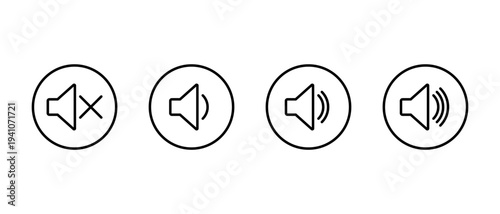 Speaker volume icon set in circular outline. Mute to high symbol. Audio level sign
