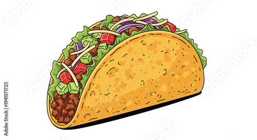 Close-up illustration of a traditional taco filled with spicy ground beef, fresh lettuce, tomatoes, onions, and cheese.