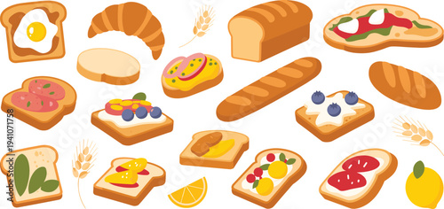 Flat vector breakfast bread set, toast with egg jam fruit croissant baguette sandwich isolated illustration on white background